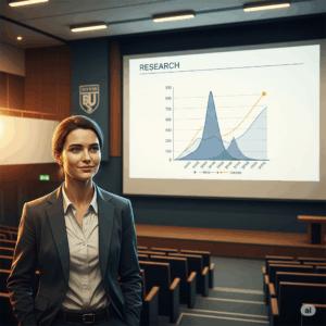Estudante confiante em apresentação, exame de qualificação de sucesso, preparação pós-graduação