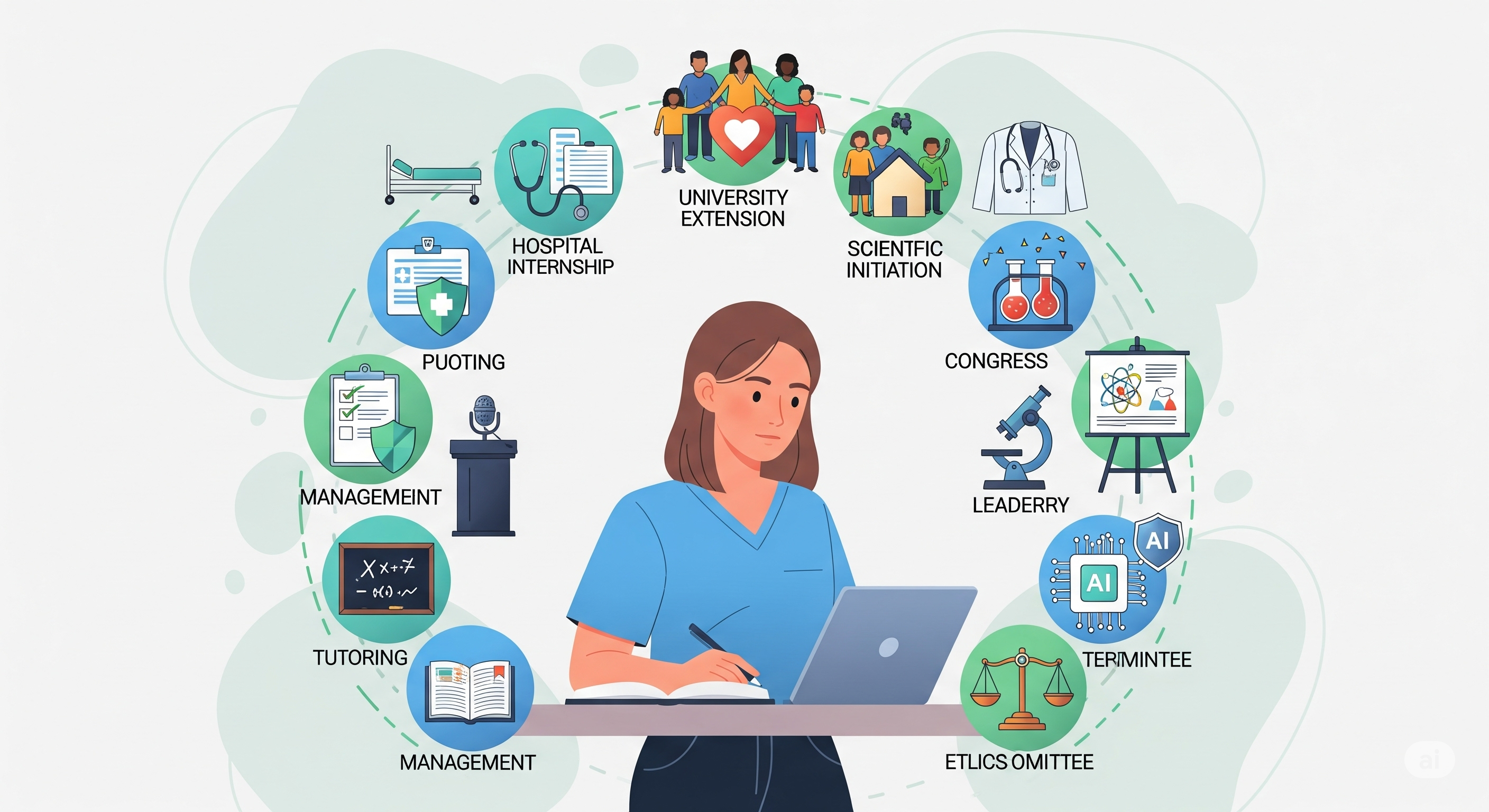Ilustração vetorial colorida de estudante de graduação em saúde ao centro, cercado por ícones de experiências acadêmicas e profissionais (hospital, comunidade, laboratório, congresso, ensino, ética e IA), em fundo claro com formas suaves.